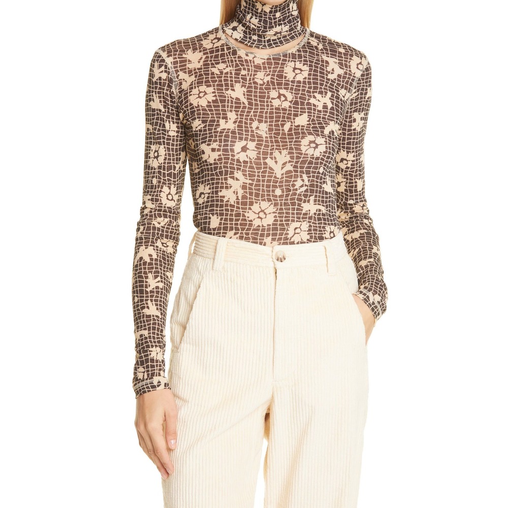 Nanushka Hanny Floral Web Cutout Mesh Top Brown Cream Long Sleeve Crew Neck